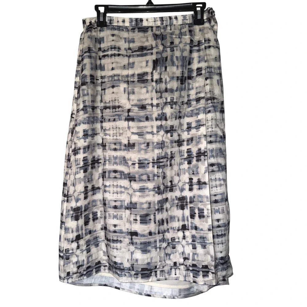 Banana Republic Blue Grey Abstract Ikat Print Midi Skirt Size 10 Side Zip Lined